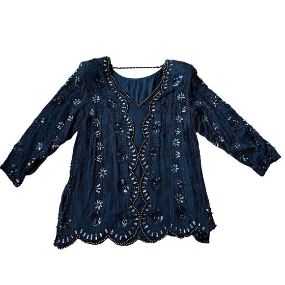 Vintage JLB Silk Black Beaded Sequin Tunic Top Size L (approx) 80's 90's Holiday - Picture 7 of 15